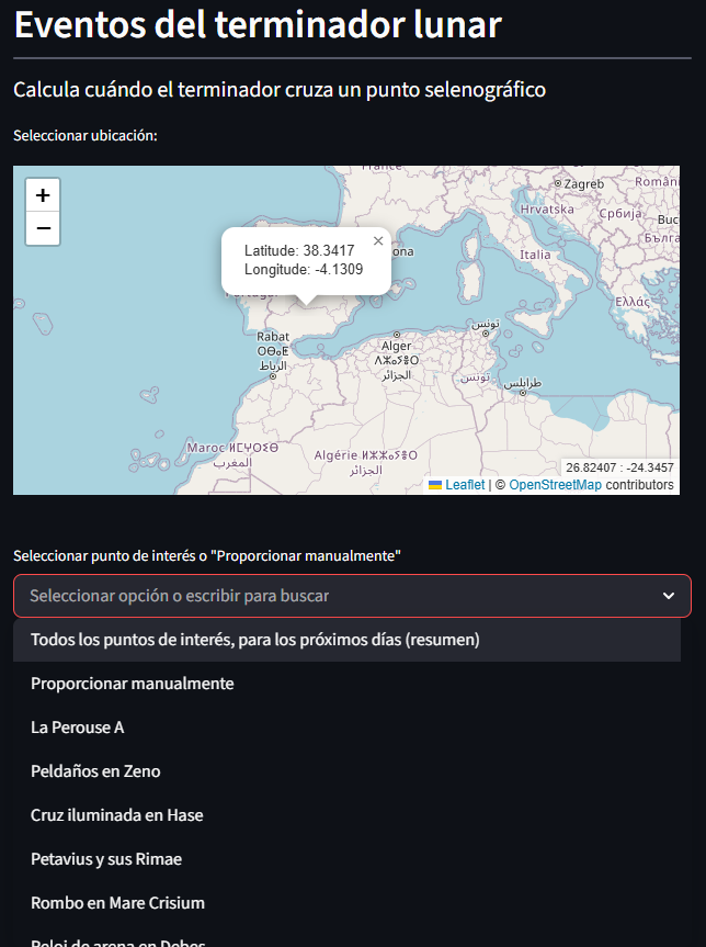 Selección de ubicación geográfica y del punto de interés lunar